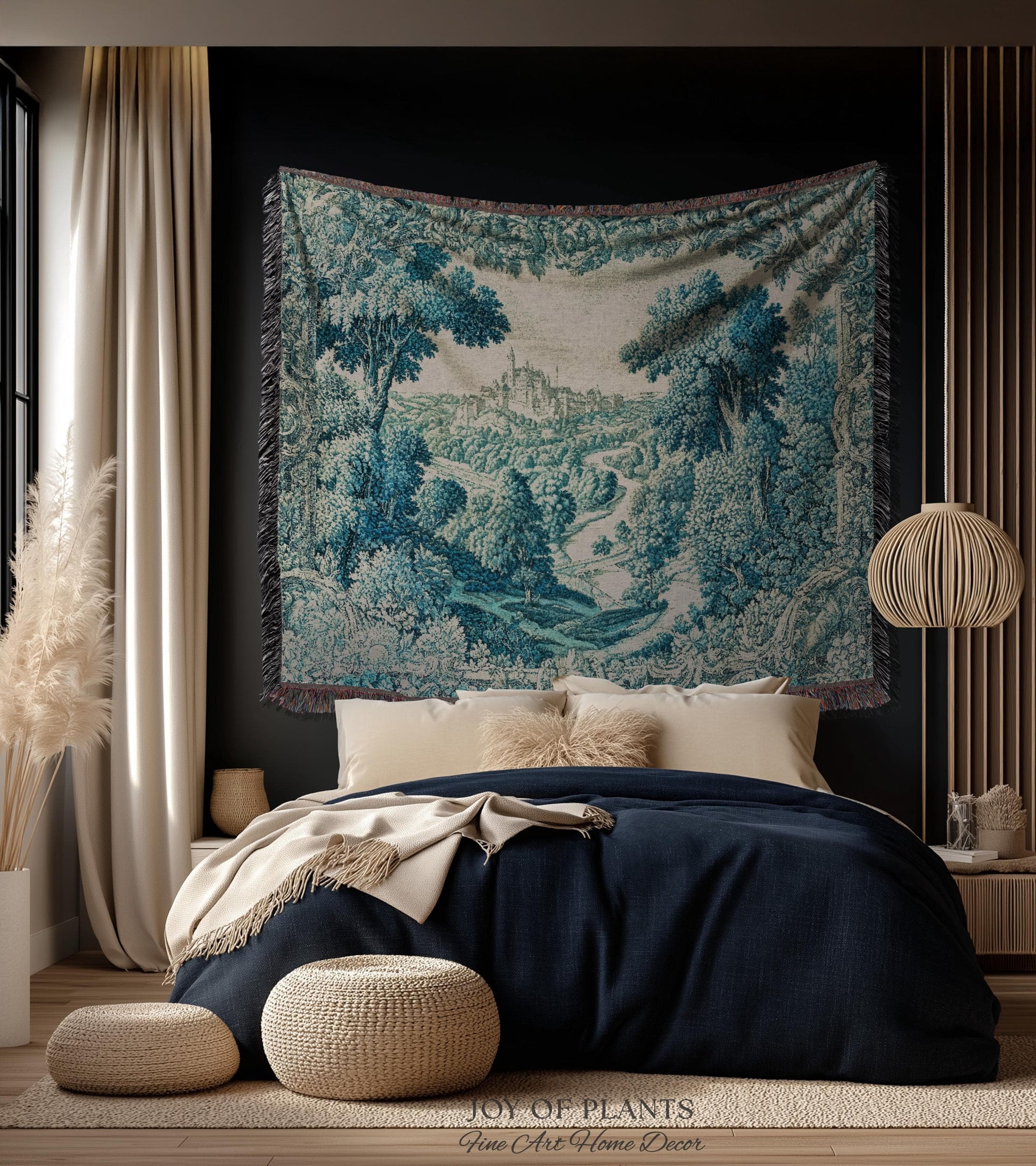 Faded Turquoise Landscape Tapestry | French Country Romantic Hilltop Castle Aubusson Countryside Estate Grandmillenial Chateau Traditional