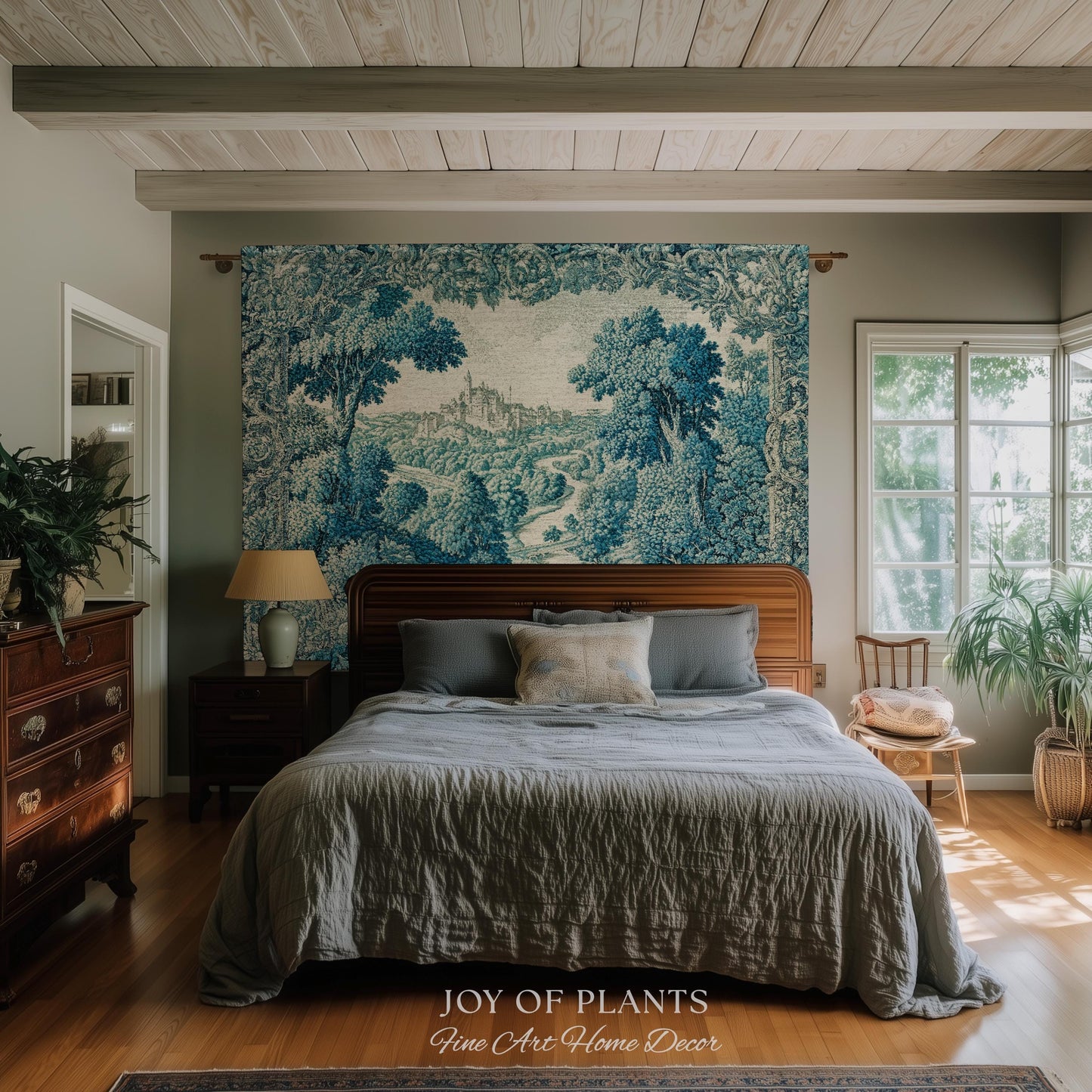 Faded Turquoise Landscape Tapestry | French Country Romantic Hilltop Castle Aubusson Countryside Estate Grandmillenial Chateau Traditional