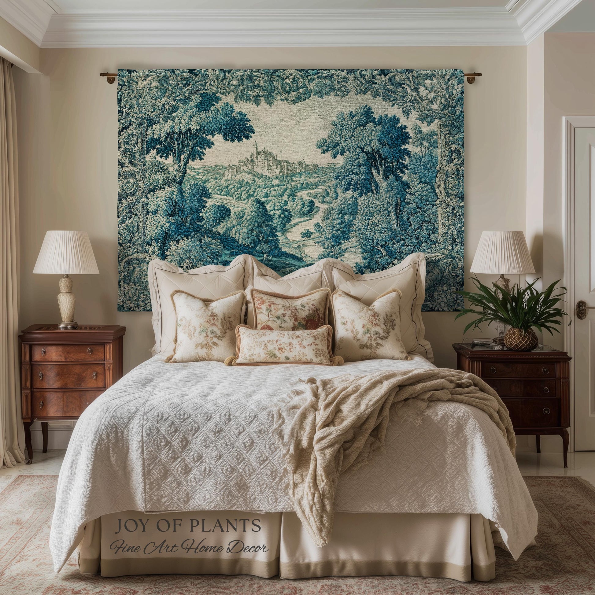 Faded Turquoise Landscape Tapestry | French Country Romantic Hilltop Castle Aubusson Countryside Estate Grandmillenial Chateau Traditional
