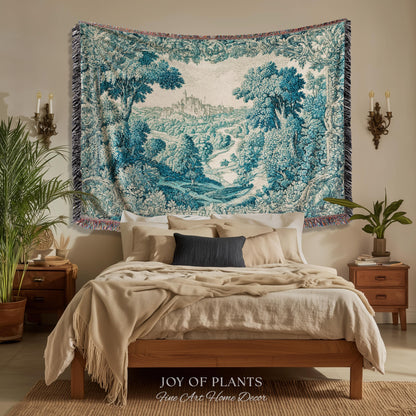 Faded Turquoise Landscape Tapestry | French Country Romantic Hilltop Castle Aubusson Countryside Estate Grandmillenial Chateau Traditional