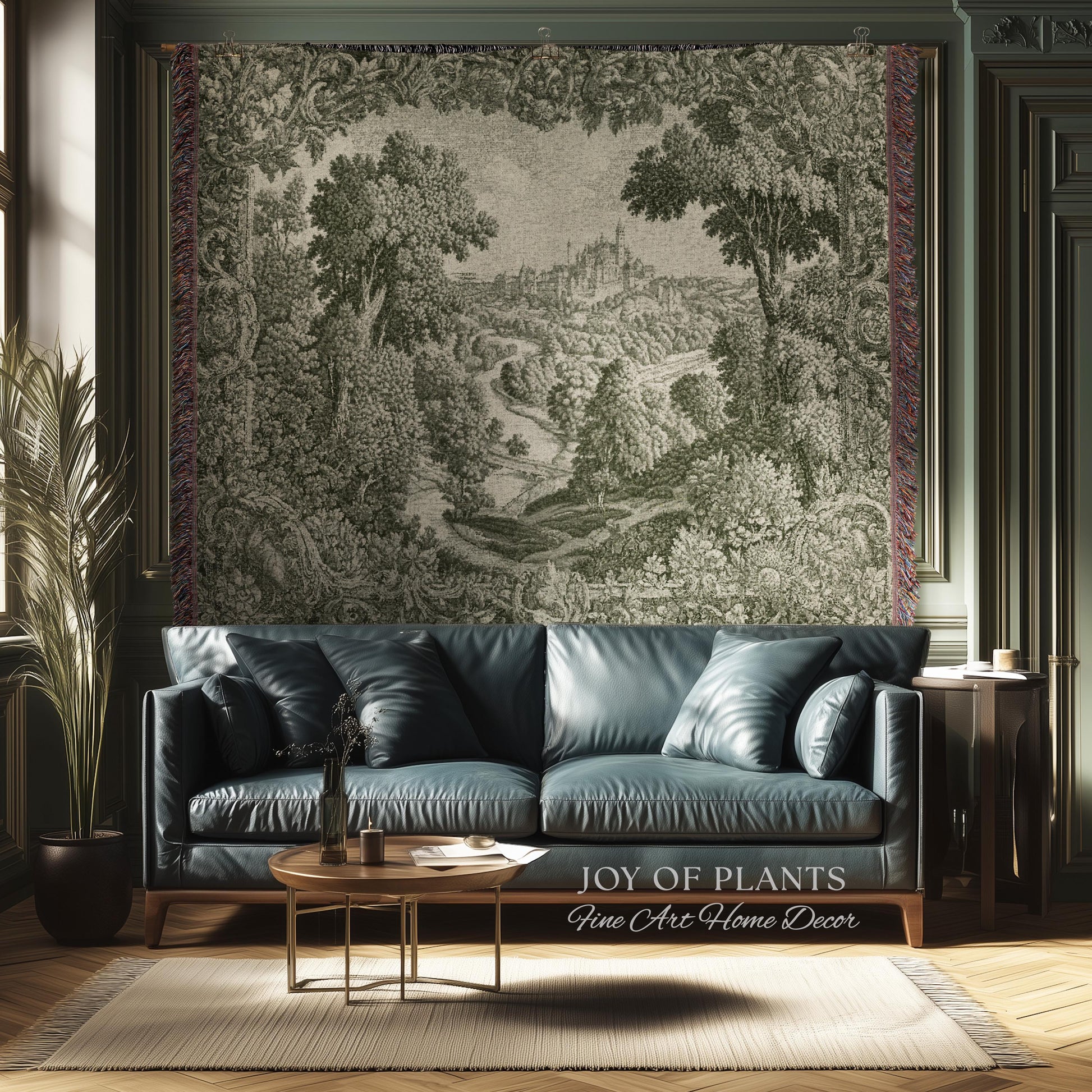Storybook Chateau Sage Green Wall Art | Vintage Castle Verdure Historic Textile Romantic Medieval Revival French Country Throw Blanket