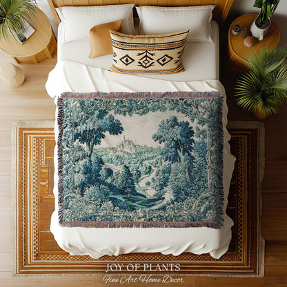 Faded Turquoise Landscape Tapestry | French Country Romantic Hilltop Castle Aubusson Countryside Estate Grandmillenial Chateau Traditional