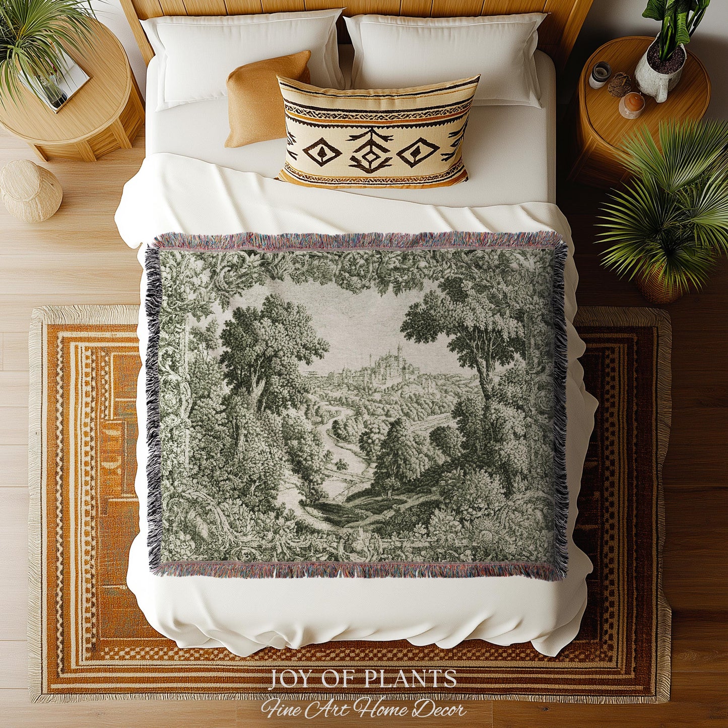 Storybook Chateau Sage Green Wall Art | Vintage Castle Verdure Historic Textile Romantic Medieval Revival French Country Throw Blanket