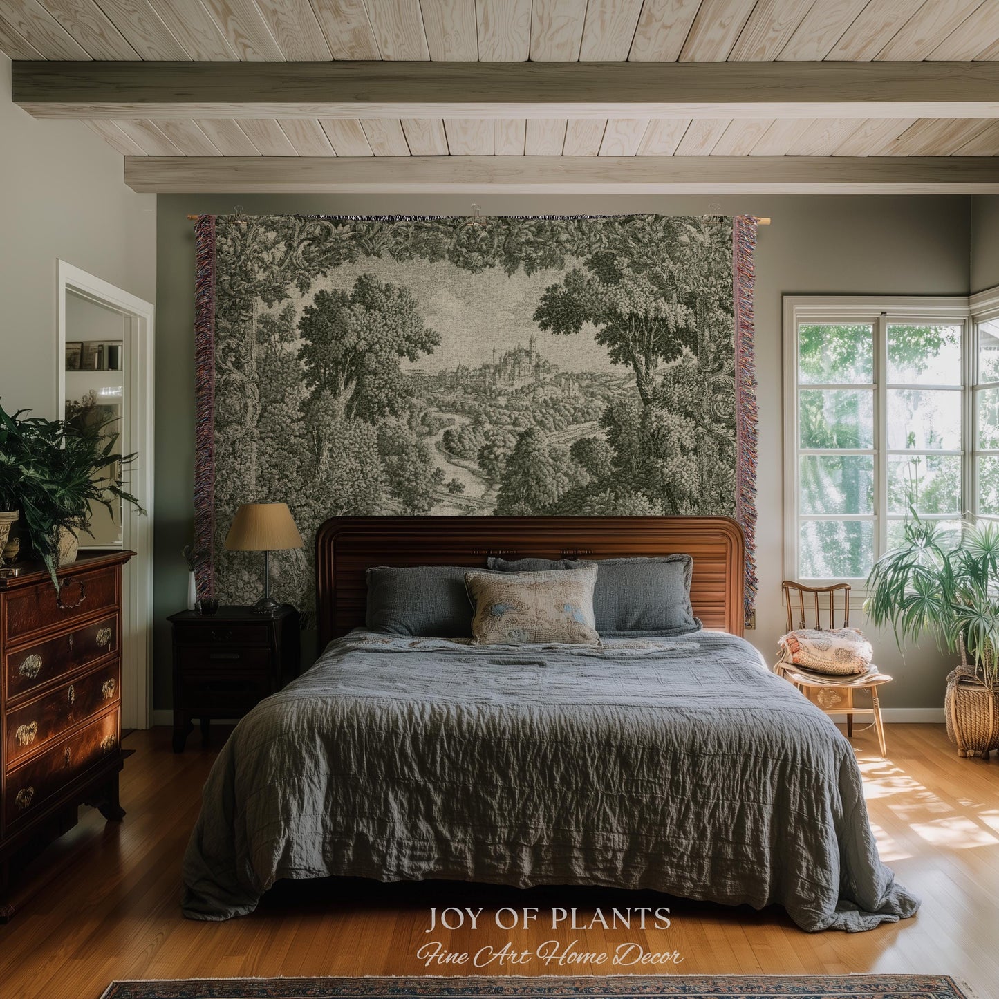 Storybook Chateau Sage Green Wall Art | Vintage Castle Verdure Historic Textile Romantic Medieval Revival French Country Throw Blanket