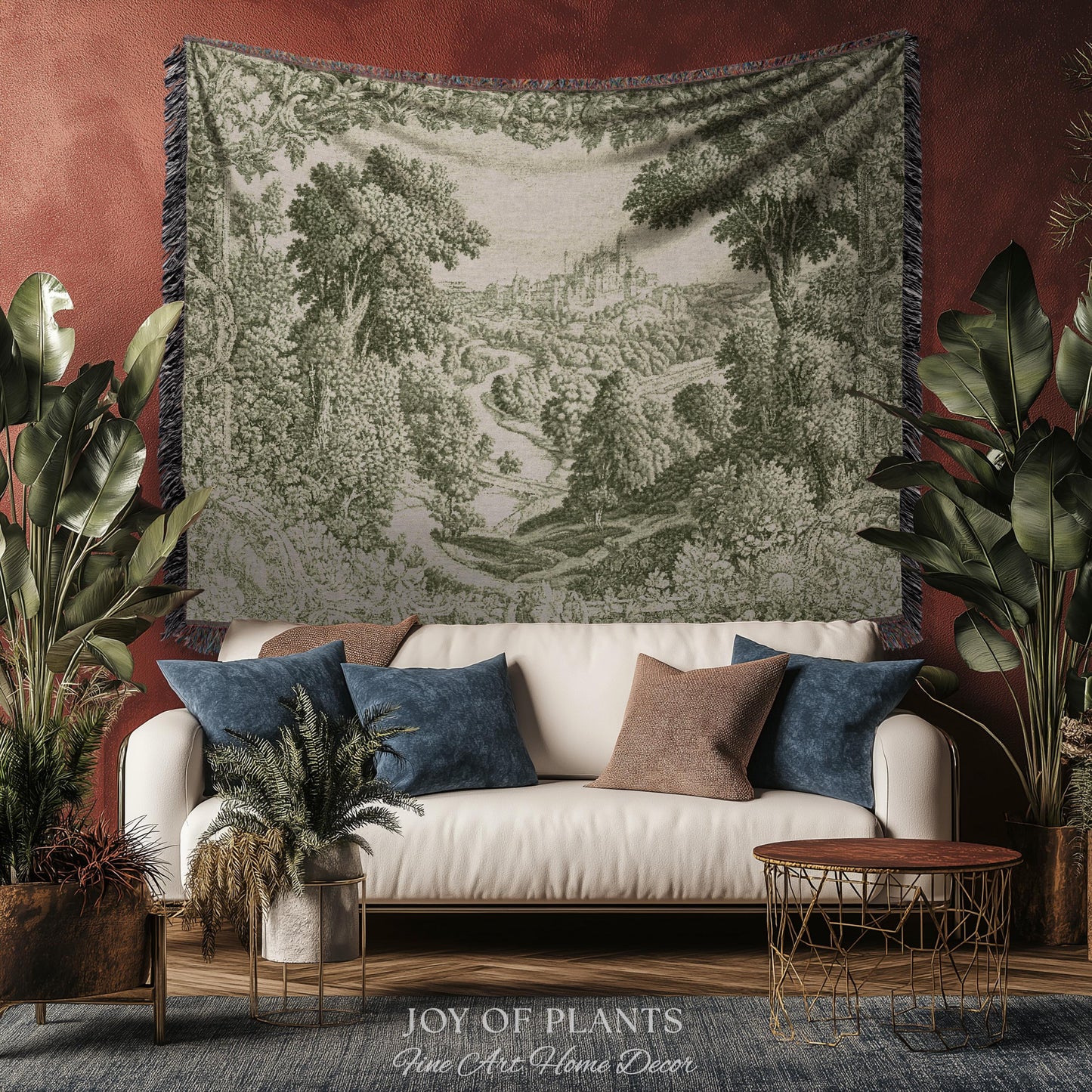 Storybook Chateau Sage Green Wall Art | Vintage Castle Verdure Historic Textile Romantic Medieval Revival French Country Throw Blanket