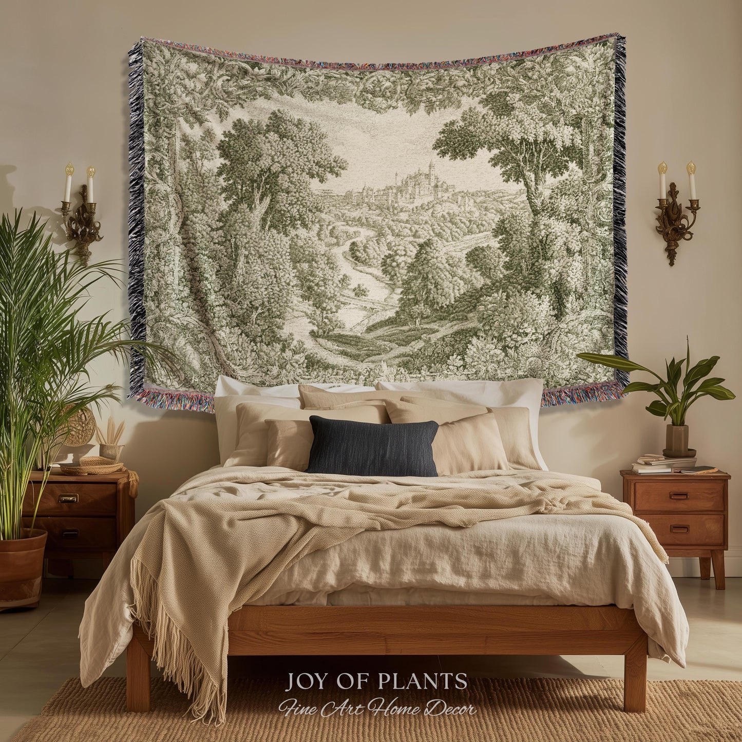 Storybook Chateau Sage Green Wall Art | Vintage Castle Verdure Historic Textile Romantic Medieval Revival French Country Throw Blanket