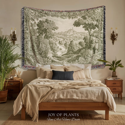 Storybook Chateau Sage Green Wall Art | Vintage Castle Verdure Historic Textile Romantic Medieval Revival French Country Throw Blanket