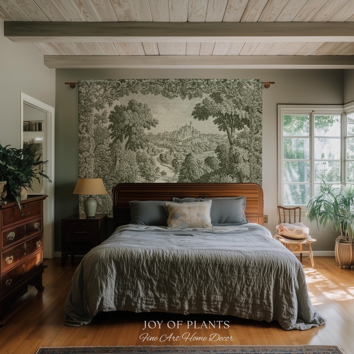 Storybook Chateau Sage Green Wall Art | Vintage Castle Verdure Historic Textile Romantic Medieval Revival French Country Throw Blanket