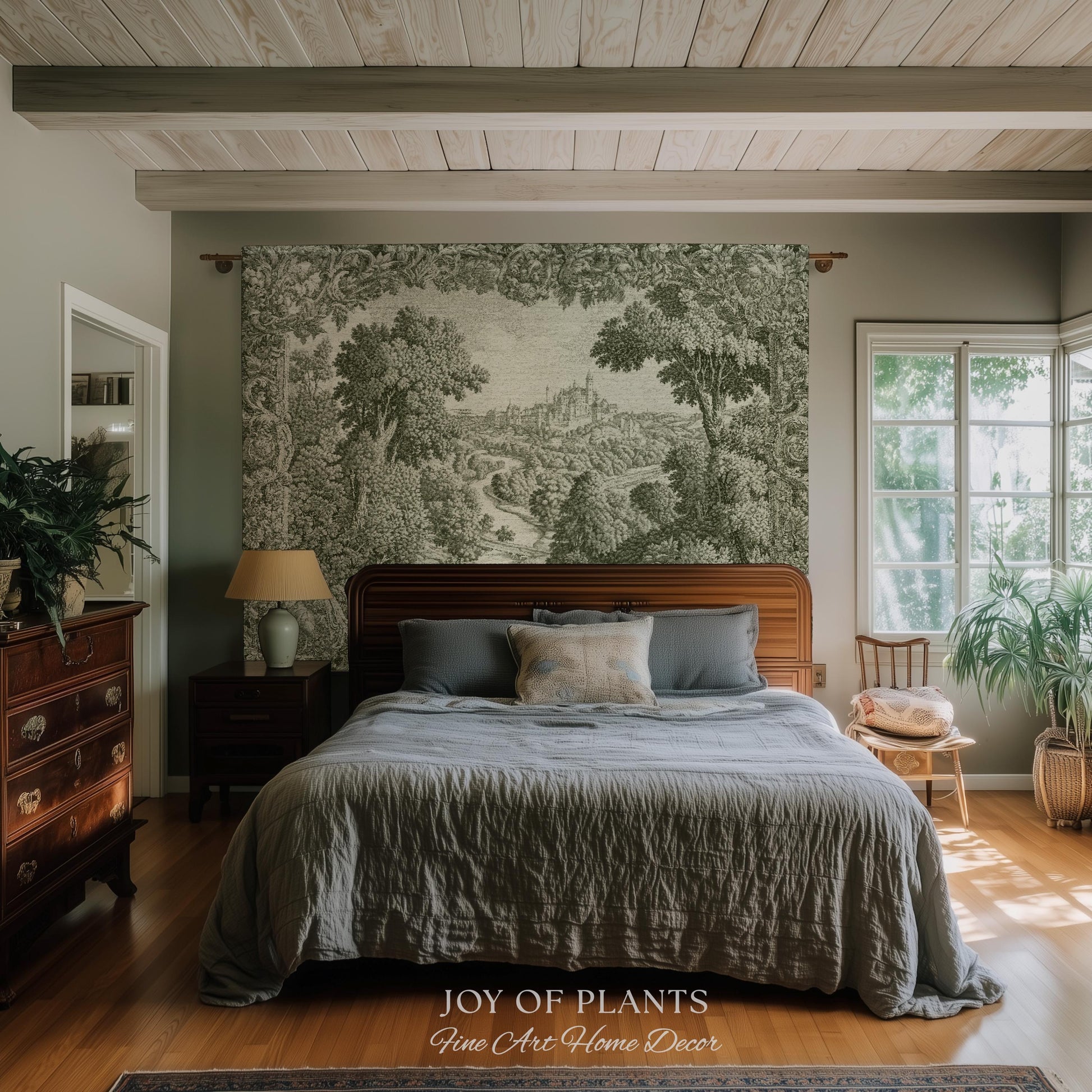 Storybook Chateau Sage Green Wall Art | Vintage Castle Verdure Historic Textile Romantic Medieval Revival French Country Throw Blanket