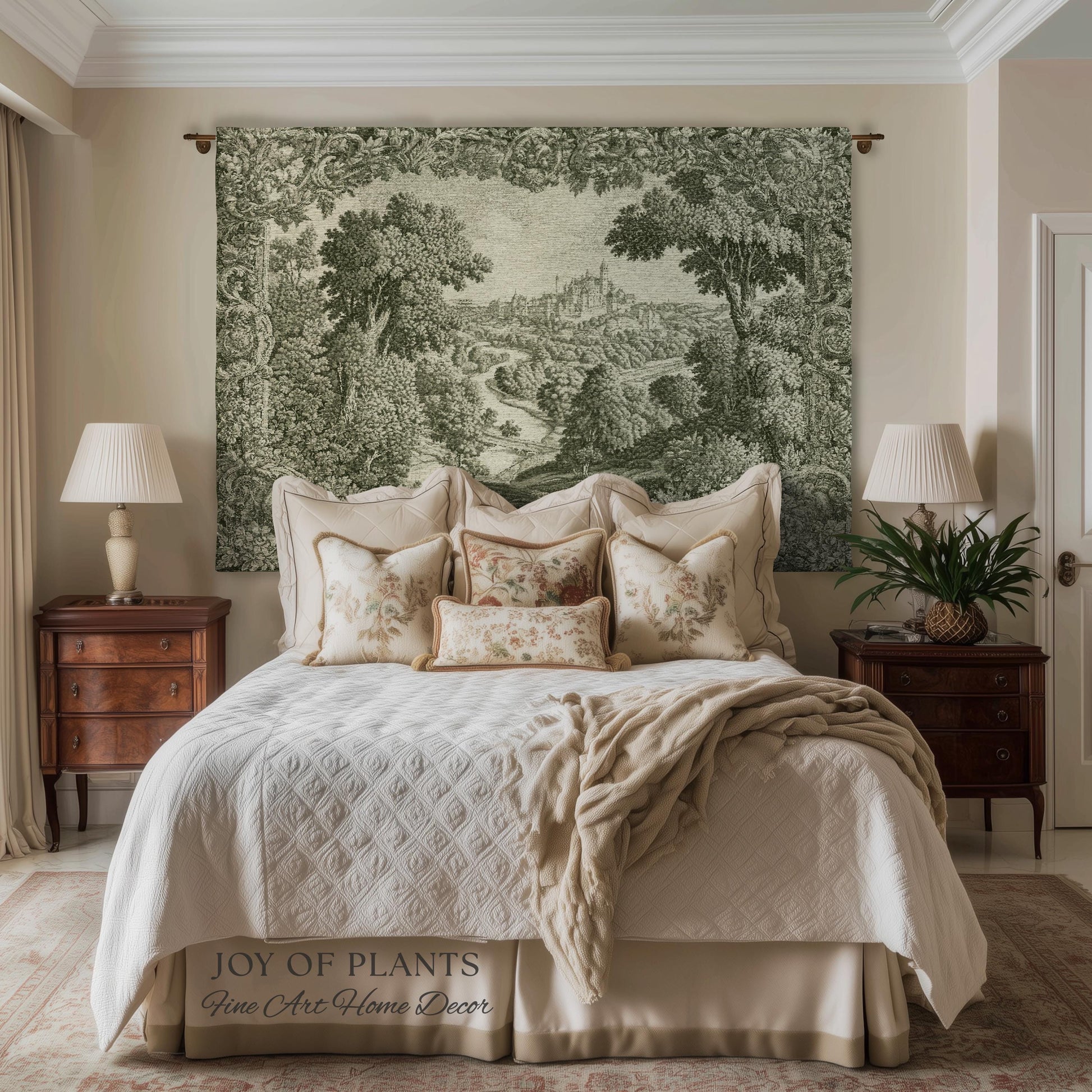 Storybook Chateau Sage Green Wall Art | Vintage Castle Verdure Historic Textile Romantic Medieval Revival French Country Throw Blanket