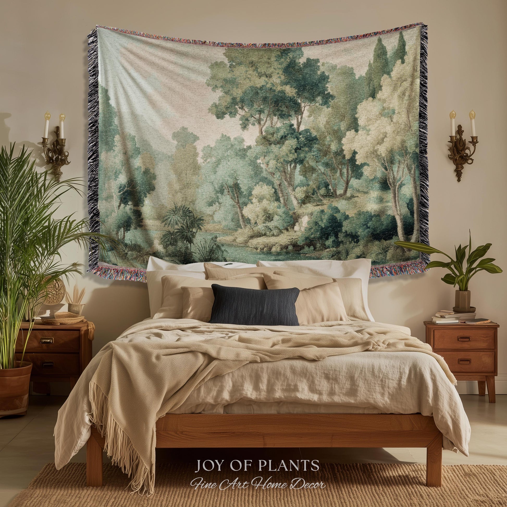 Timeless European Tree Tapestry | Classical Naturalism Muted Botanical Jacquard Greenery Tranquil Lake Scene Woven Throw Blanket Museumcore