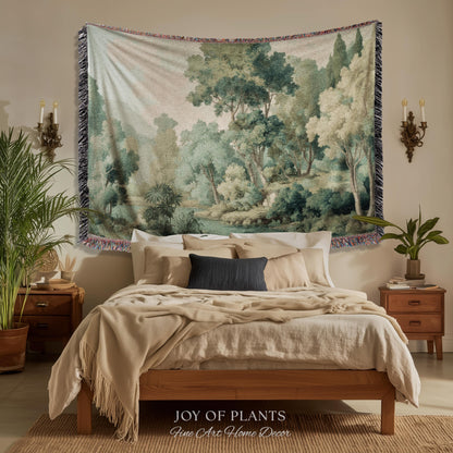 Timeless European Tree Tapestry | Classical Naturalism Muted Botanical Jacquard Greenery Tranquil Lake Scene Woven Throw Blanket Museumcore