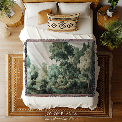 Timeless European Tree Tapestry | Classical Naturalism Muted Botanical Jacquard Greenery Tranquil Lake Scene Woven Throw Blanket Museumcore