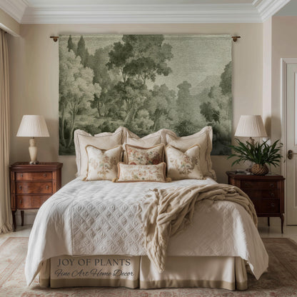 Naturalist Landscape Monochrome Wall Tapestry | Victorian Conservatory Heritage Textile Jacquard Olive Green Tonal Style Botanical Verdure