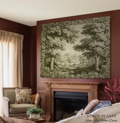 Country Clearing Aubusson Style Tapestry | European Manor Romantic Landscape Jacquard Woven Wall Textile Verdure Soft Pastoral Traditional
