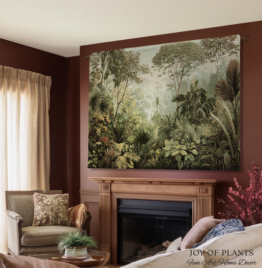 Old World Tropical Valley Woven Tapestry | Green Conservatory Naturalist Throw Blanket Verdure Landscape Victorian Botanical Classical Art
