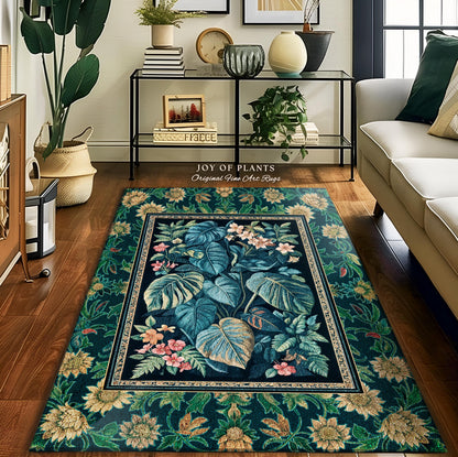 Mystic Foliage Maximalist Statement Rug | Whimsical Greenery Retro 90s Tropical Bedroom Area Rug Jungle Monstera Botanical Accent Rug Boho
