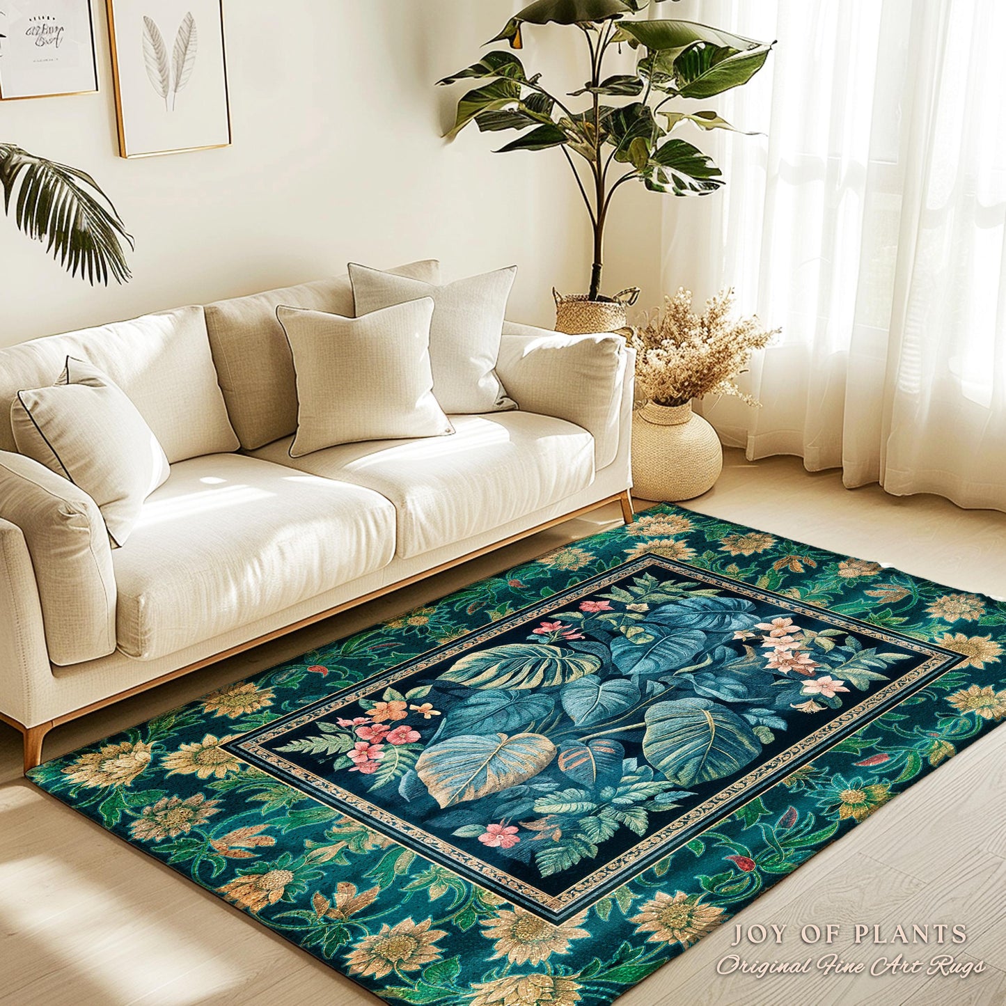 Mystic Foliage Maximalist Statement Rug | Whimsical Greenery Retro 90s Tropical Bedroom Area Rug Jungle Monstera Botanical Accent Rug Boho