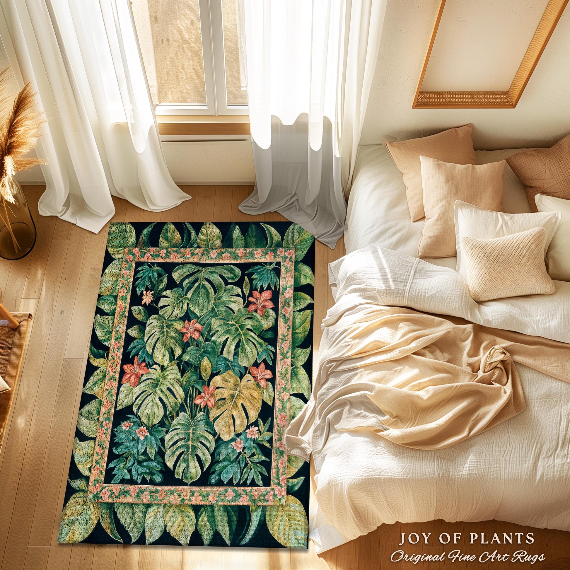 Pastel Greenery Monstera Area Rug | Floral Cottagecore Greenhouse Eclectic Botanical Maximalist Houseplant Lover Statement Rug Whimsical |