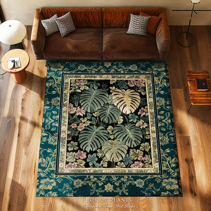 Earthy Botanical Boho Area Rug | Woodland Enchantment Tropical Statement Rug Maximalist Elegance Woodland Moody Classic Jungle Vibe Bedroom