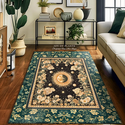 Sun and Moon Bohemian Accent Rug | Moody Skies Astrology Vintage Celestial Cozy Area Rug Astrology Tapestry Dark Cottagecore Boho Style |