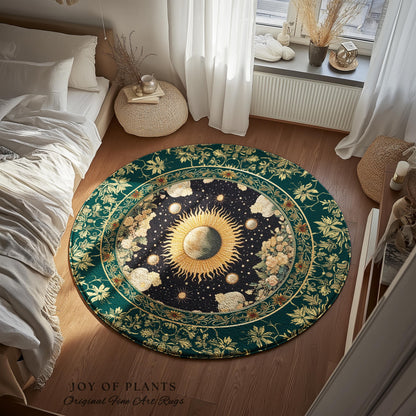 Sun and Moon Bohemian Accent Rug | Moody Skies Astrology Vintage Celestial Cozy Area Rug Astrology Tapestry Dark Cottagecore Boho Style |