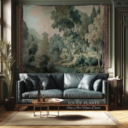 Timeless European Tree Tapestry | Classical Naturalism Muted Botanical Jacquard Greenery Tranquil Lake Scene Woven Throw Blanket Museumcore