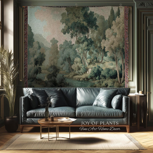 Timeless European Tree Tapestry | Classical Naturalism Muted Botanical Jacquard Greenery Tranquil Lake Scene Woven Throw Blanket Museumcore