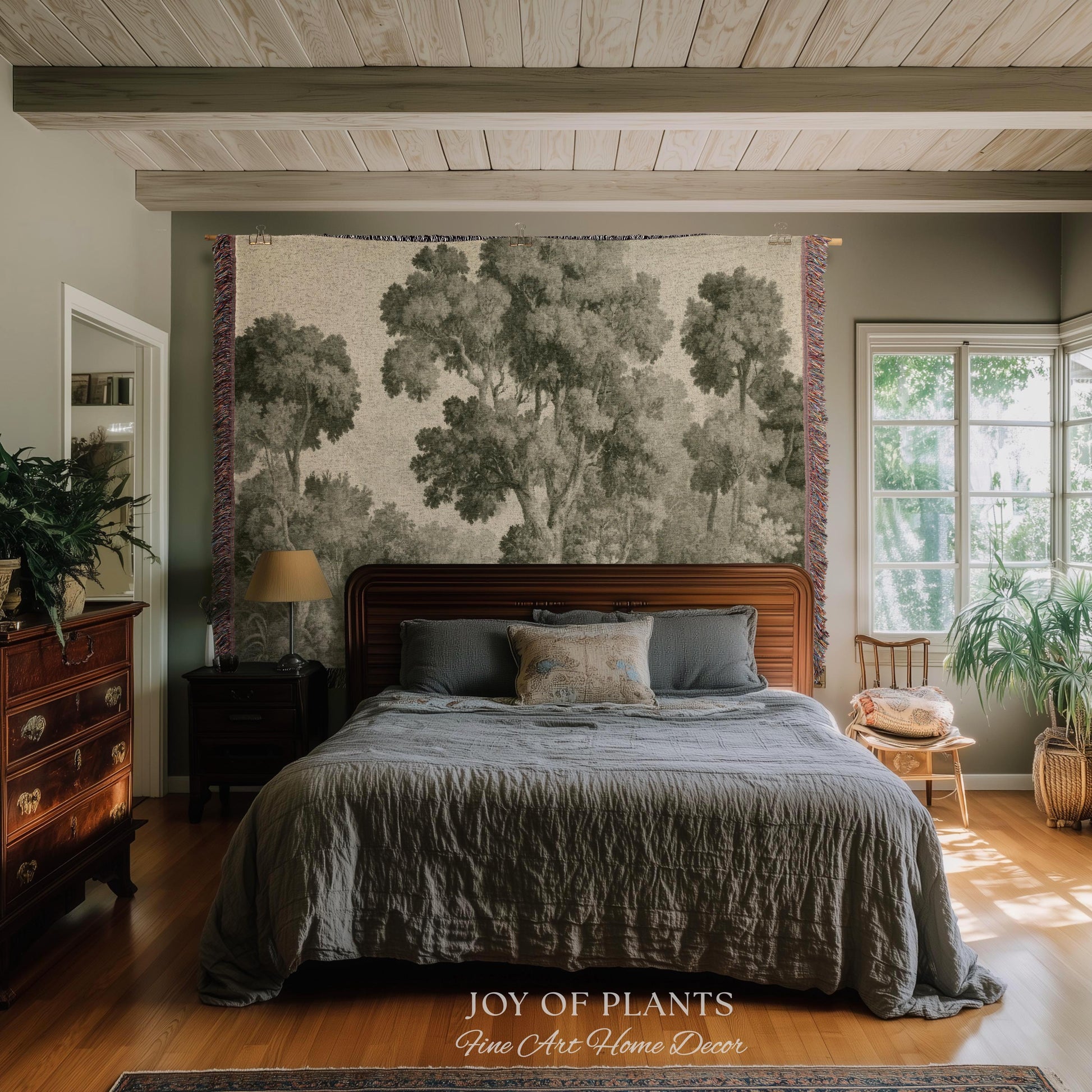 Subtle Botanical Timeless Wall Tapestry | Delicate Forest Woodland Textile Misty Arboretum Soft Countryside Pale Sage Green 19th Century