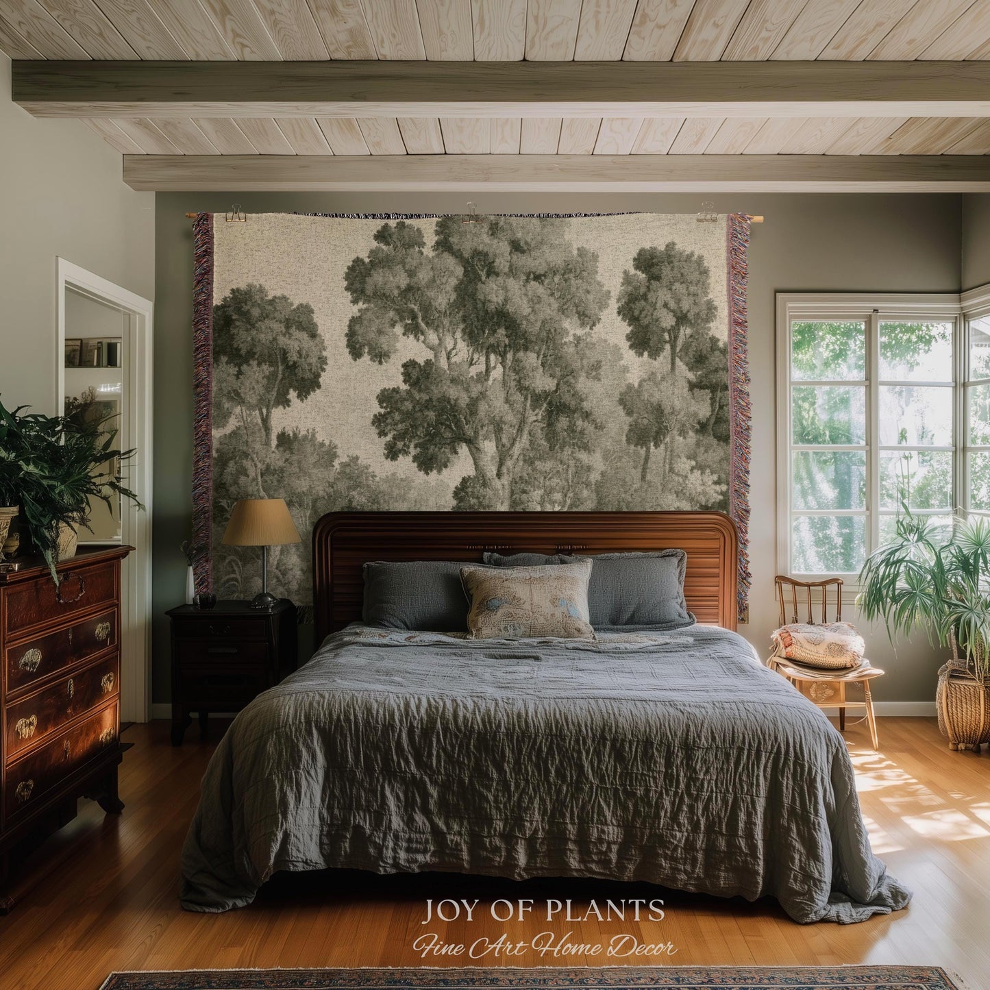 Subtle Botanical Timeless Wall Tapestry | Delicate Forest Woodland Textile Misty Arboretum Soft Countryside Pale Sage Green 19th Century