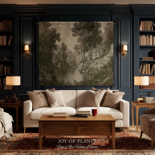 Old European Olive Green Woven Tapestry | Tonalist Lake Artwork Faded Forest Landscape Soft Monochrome Elegant Understated Estate Wall Art