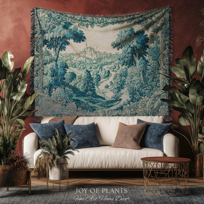 Faded Turquoise Landscape Tapestry | French Country Romantic Hilltop Castle Aubusson Countryside Estate Grandmillenial Chateau Traditional