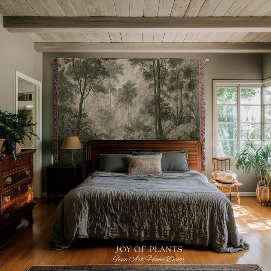 Misty Palm Jungle Monochrome Wall Textile | Vintage Naturalist Jungle Landscape Tapestry Olive Green Muted Tropical Woven Jacquard Throw