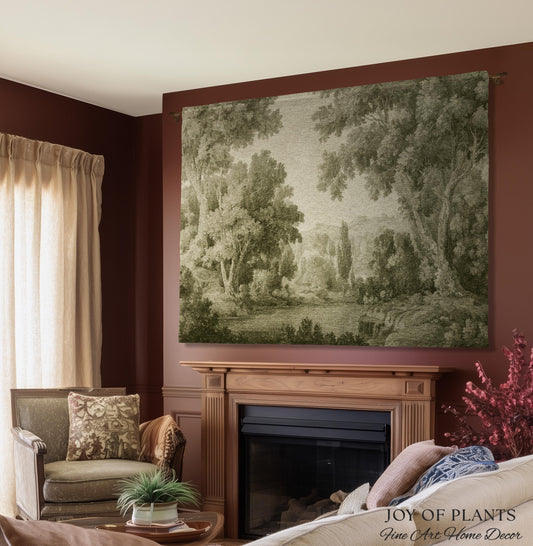 Timeless Olive Monochrome Wall Tapestry | Soft Countryside Pastoral Textile Historic Styling Woven Jacquard Throw Blanket Quiet Luxury Art