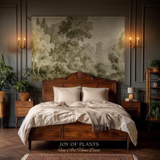 Naturalist Landscape Monochrome Wall Tapestry | Victorian Conservatory Heritage Textile Jacquard Olive Green Tonal Style Botanical Verdure