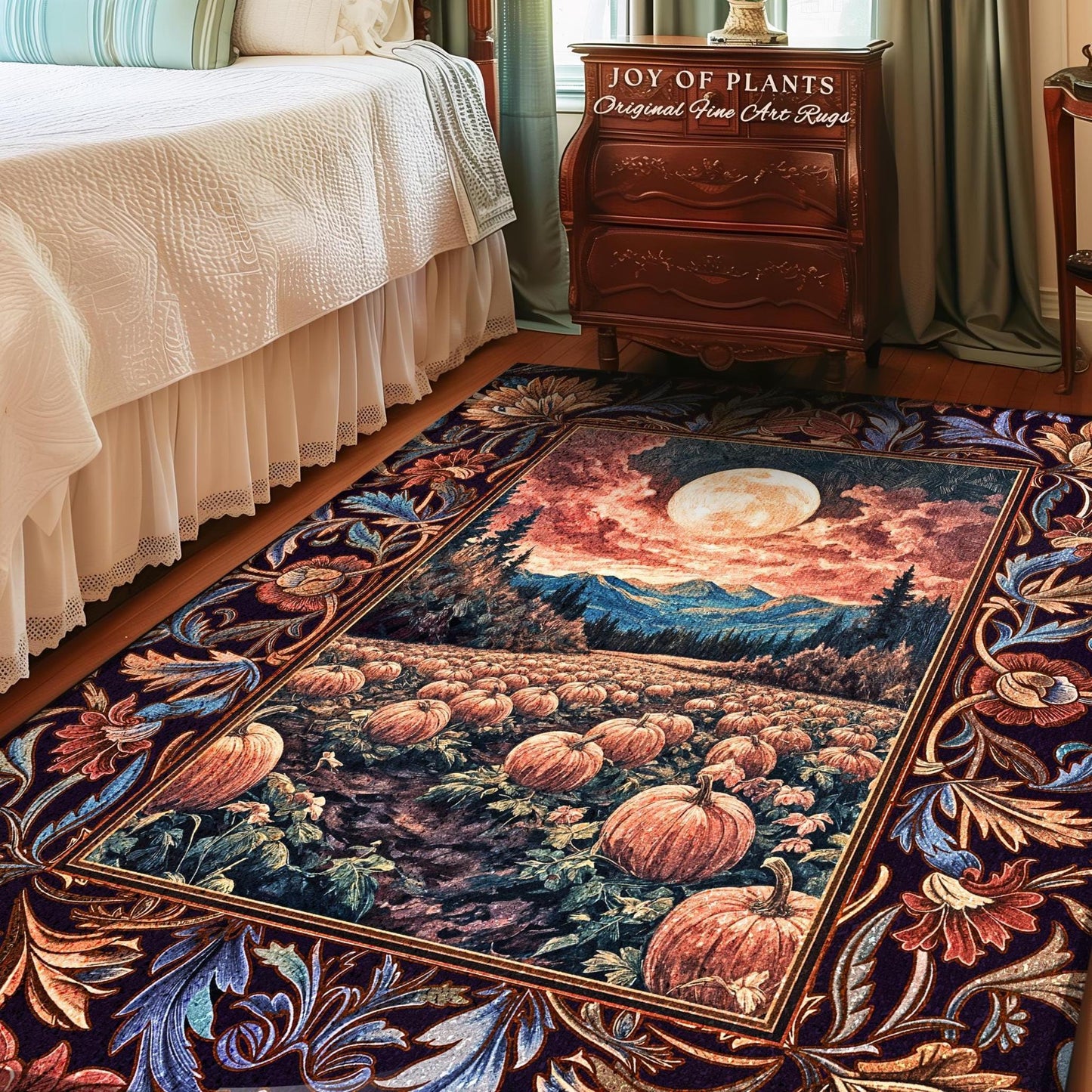 Lunar Night Sky Fall Pumpkin Rug | Autumn Aesthetic Rustic Bedroom Accent Rug Dark Academia Decor Cute Spooky Halloween Vibes Eclectic Style