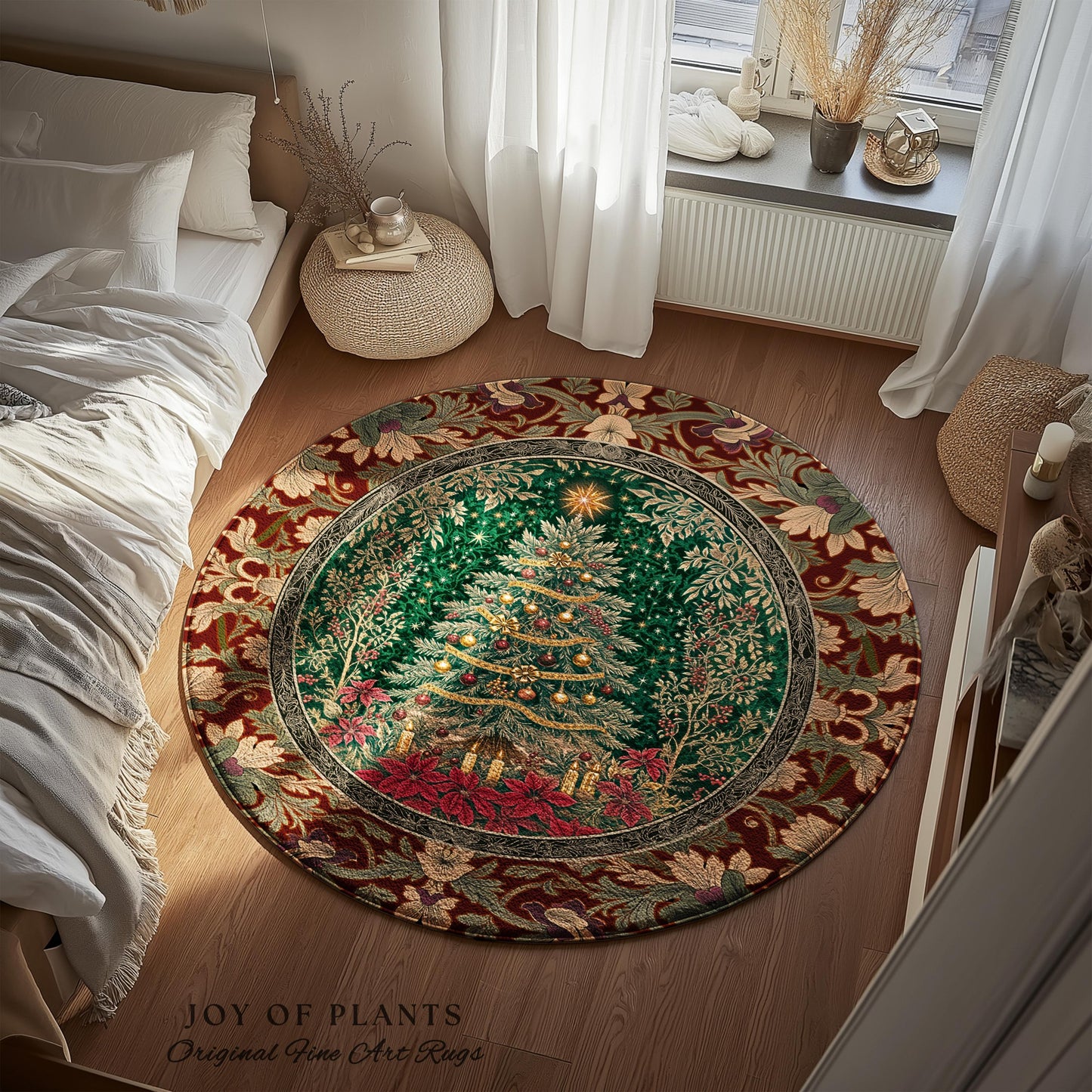 Regal Christmas Tree Poinsettia Rug | Vintage Xmas Home Decor Accent Cozy Winter Decor Festive Cottagecore Throw Rustic Holiday Traditional