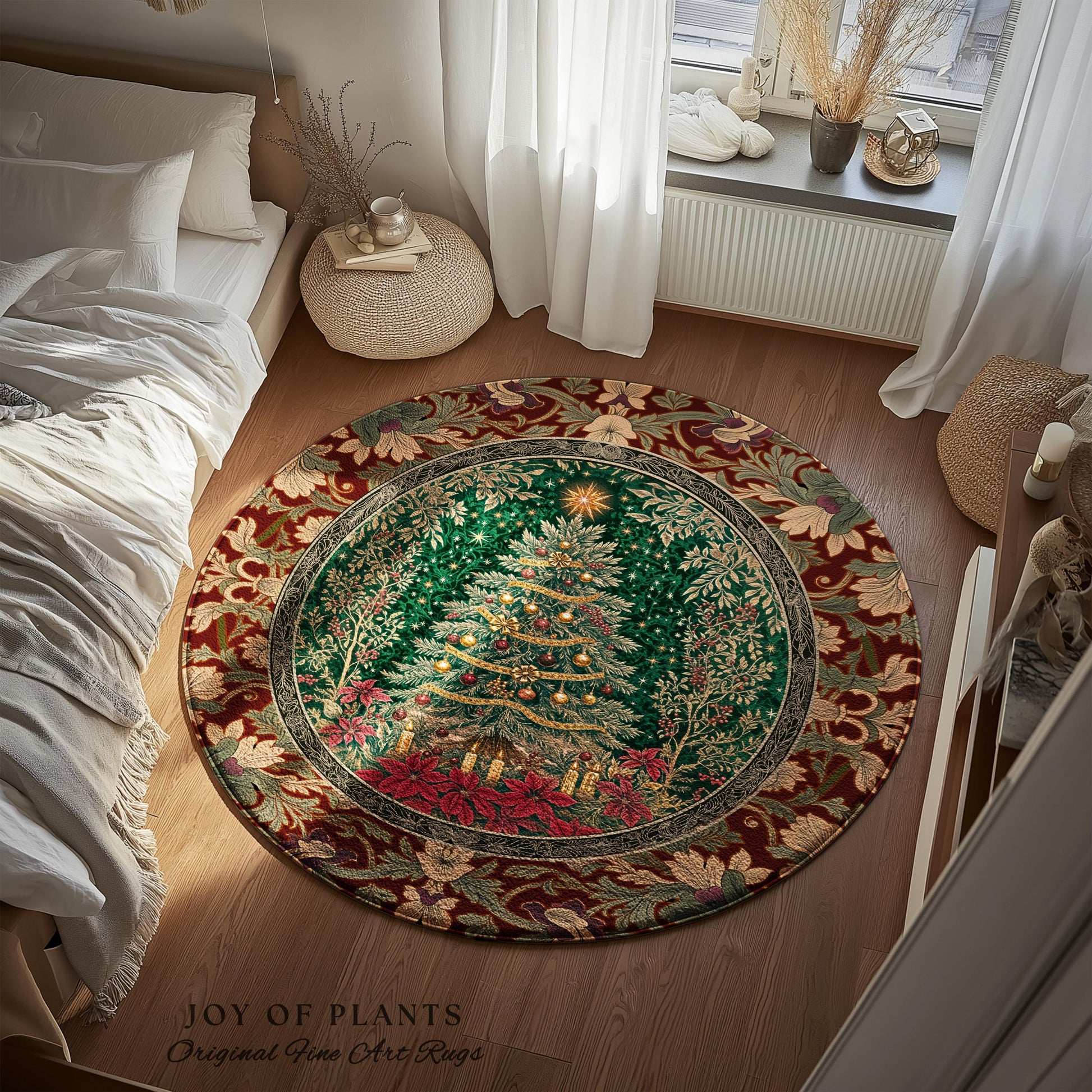 Regal Christmas Tree Poinsettia Rug | Vintage Xmas Home Decor Accent Cozy Winter Decor Festive Cottagecore Throw Rustic Holiday Traditional
