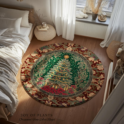 Regal Christmas Tree Poinsettia Rug | Vintage Xmas Home Decor Accent Cozy Winter Decor Festive Cottagecore Throw Rustic Holiday Traditional