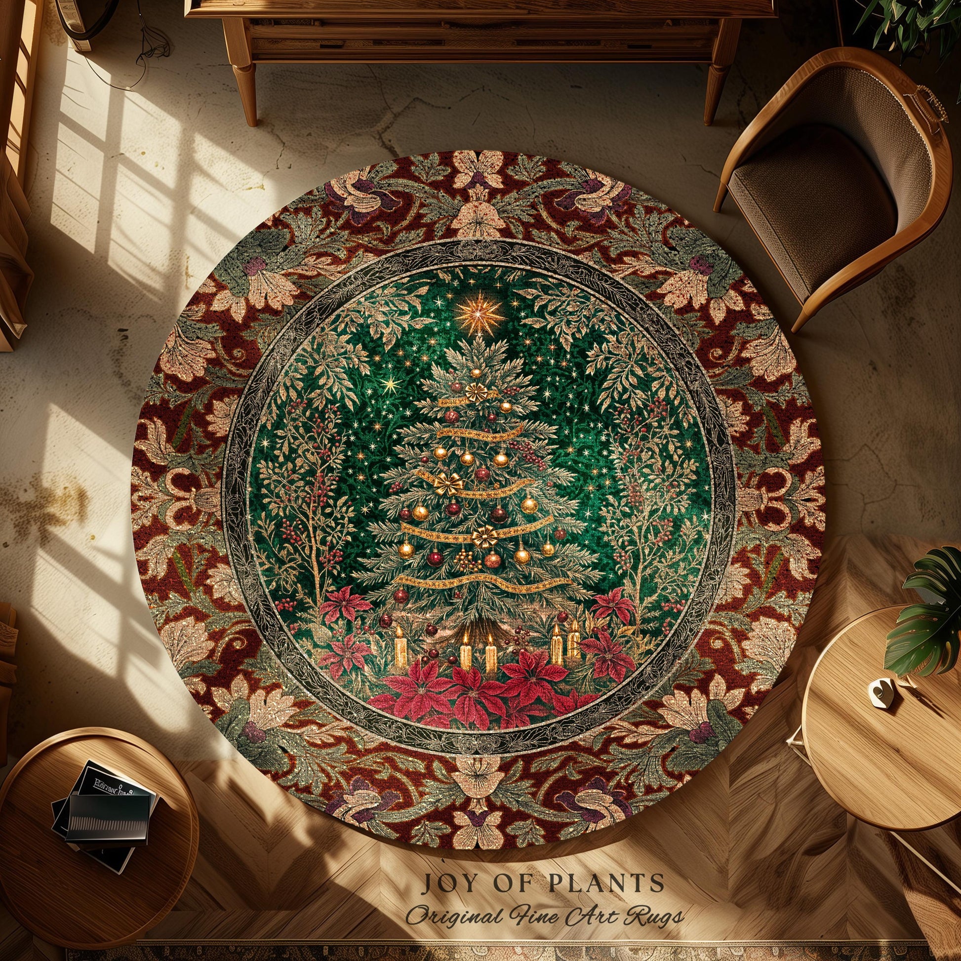 Regal Christmas Tree Poinsettia Rug | Vintage Xmas Home Decor Accent Cozy Winter Decor Festive Cottagecore Throw Rustic Holiday Traditional