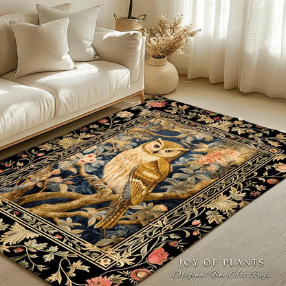 Whimsical Woodland Gothic Owl Rug Cottagegoth Decor | Boho Fairycore Botanical Decor Vintage Aesthetic Bird Lovers Gift Housewarming Owl Rug
