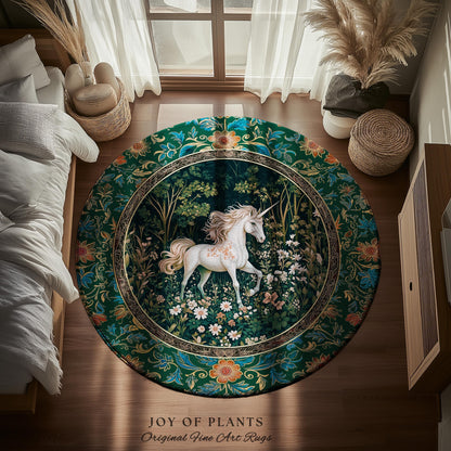 Storybook Aesthetic Mystic Unicorn Rug | Colorful Maximalist Area Rug Whimsical Victorian Fairycore Ethereal Bedroom Rug Medieval Woodland |