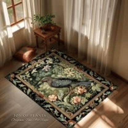 Botanical Forestcore Round Raven Rug Witchy Bedroom Crow Decor Morris Inspired Cottagecore, Dark Academia Mystical Woodland Crowcore Art