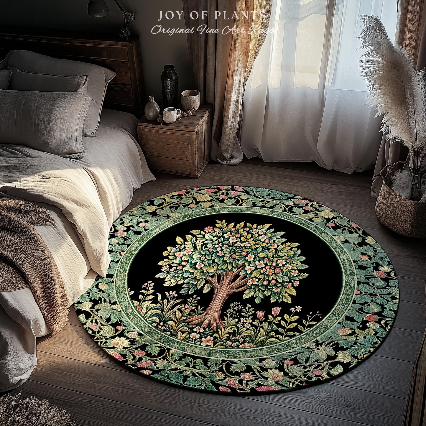 Fairy Garden Tree of Life Rug | Cottagecore Countryside Romantic Floral Landscape Whimsical Chateau Style Bohemian Botanical Home Accent |