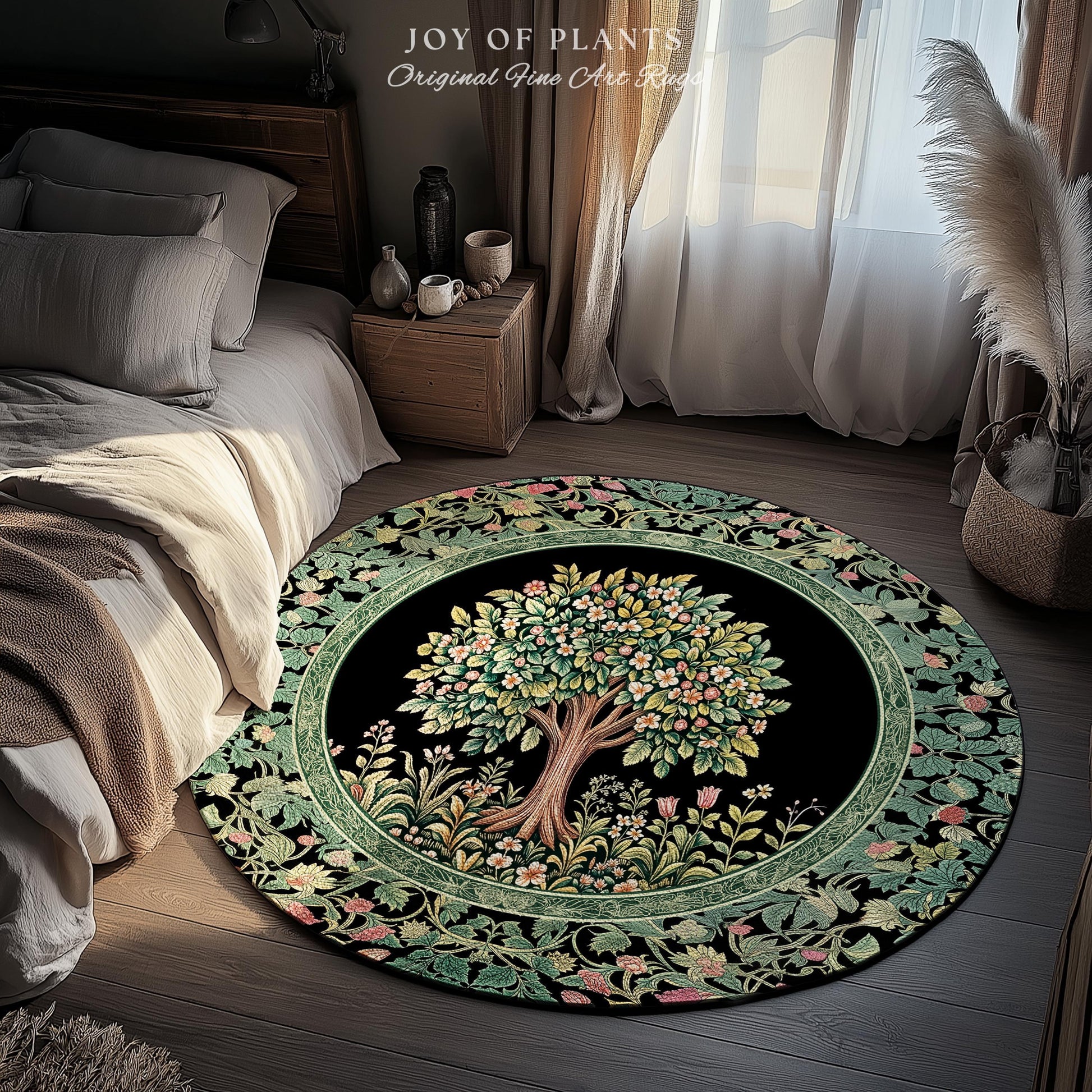 Fairy Garden Tree of Life Rug | Cottagecore Countryside Romantic Floral Landscape Whimsical Chateau Style Bohemian Botanical Home Accent |