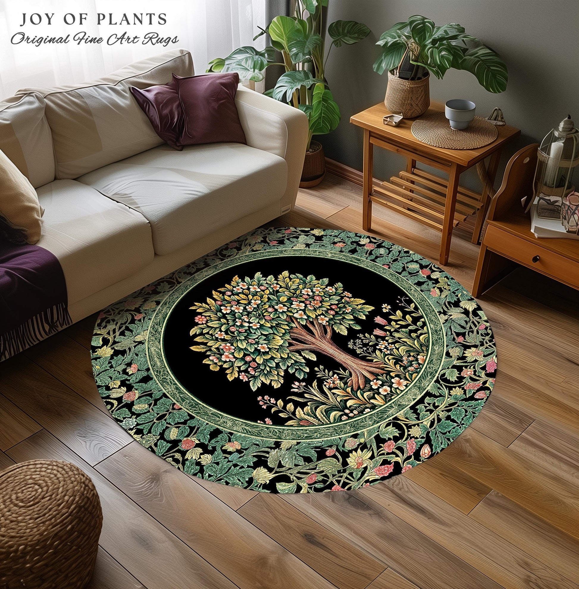 Fairy Garden Tree of Life Rug | Cottagecore Countryside Romantic Floral Landscape Whimsical Chateau Style Bohemian Botanical Home Accent |