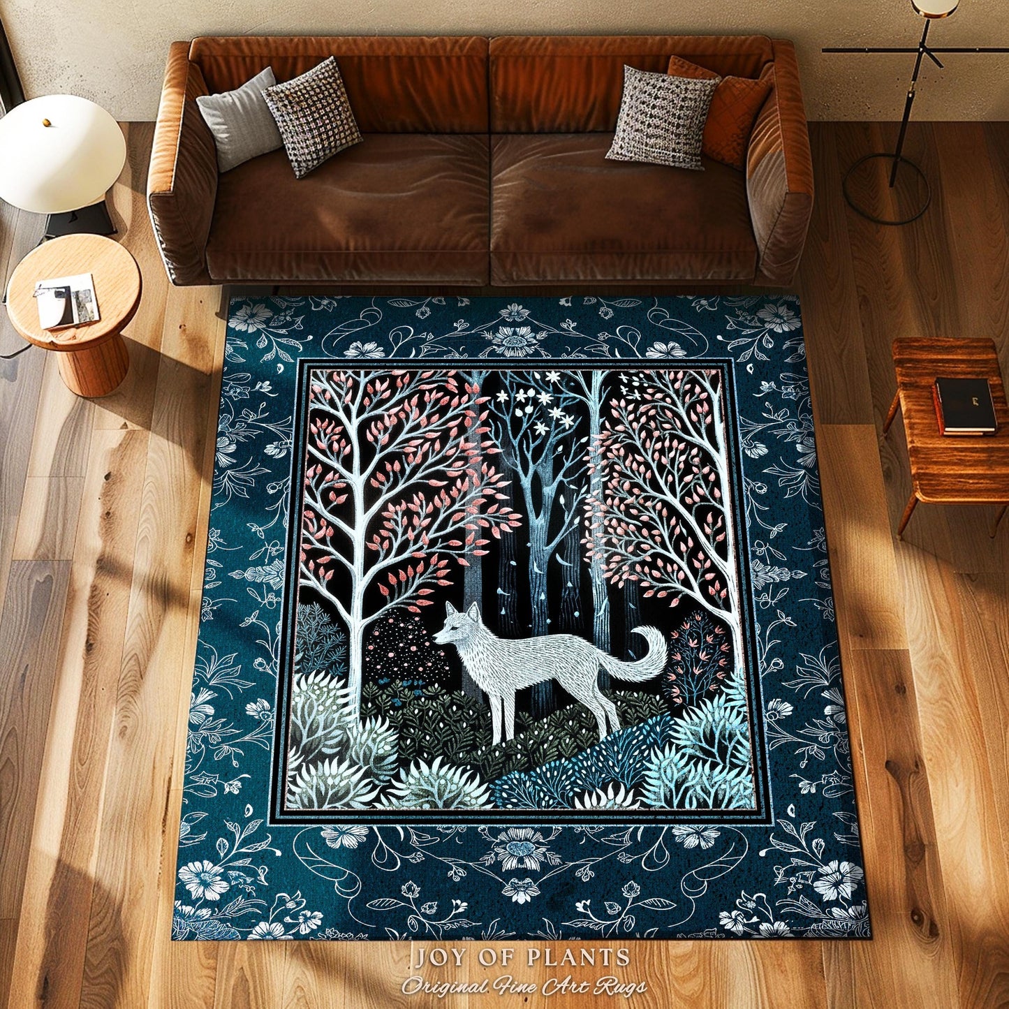 Earthy Colors Woodland Wolf Rug | Bohemian Aesthetic Playful Pastel Nursery Accent Rug Whimsical Forest Scandinavian Folklore Fairytale Art