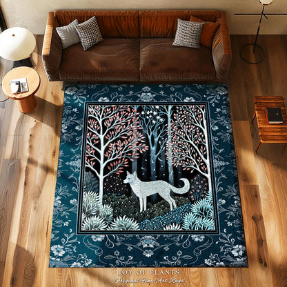 Earthy Colors Woodland Wolf Rug | Bohemian Aesthetic Playful Pastel Nursery Accent Rug Whimsical Forest Scandinavian Folklore Fairytale Art