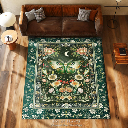 Botanical Moth Moon Rug Whimsical Floral Fairycore Enchanted Forest Art, Vintage Forest Green Cottagecore Woodland Whimsy Butterfly Decor