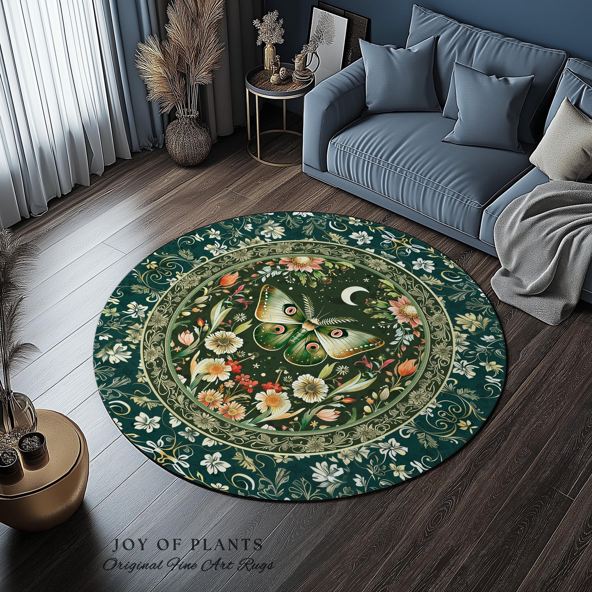 Botanical Moth Moon Rug Whimsical Floral Fairycore Enchanted Forest Art, Vintage Forest Green Cottagecore Woodland Whimsy Butterfly Decor